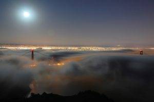 Golden Gate Bridge, Bridge, Mist, Clouds, Moon, Lights, City