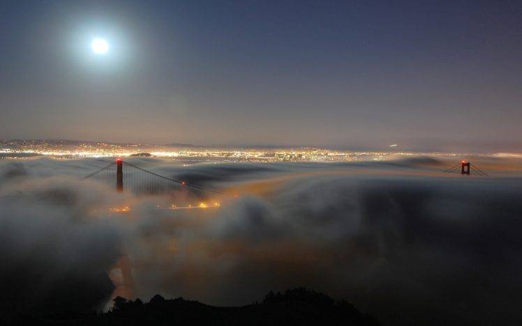 Golden Gate Bridge, Bridge, Mist, Clouds, Moon, Lights, City HD Wallpaper Desktop Background