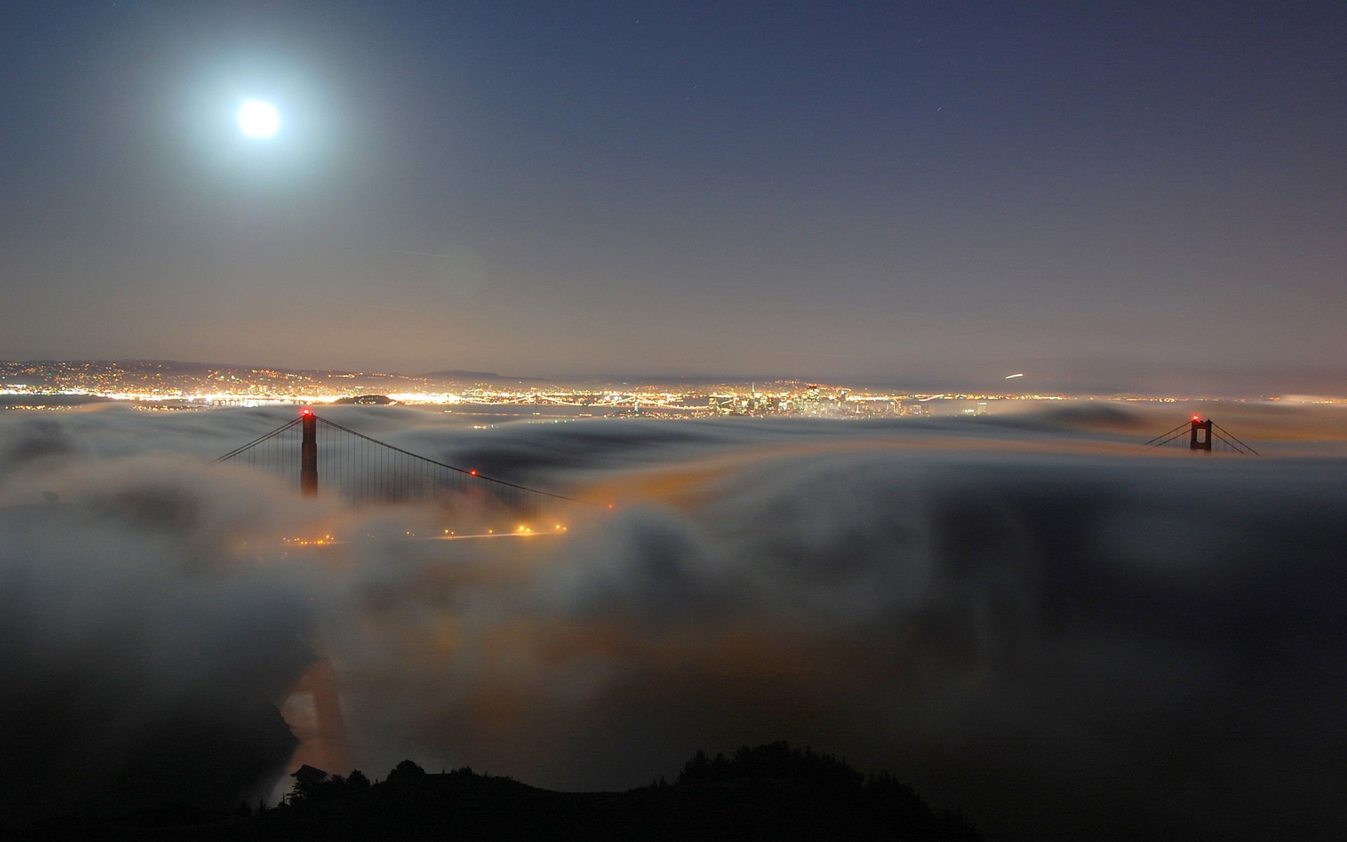 Golden Gate Bridge, Bridge, Mist, Clouds, Moon, Lights, City Wallpaper