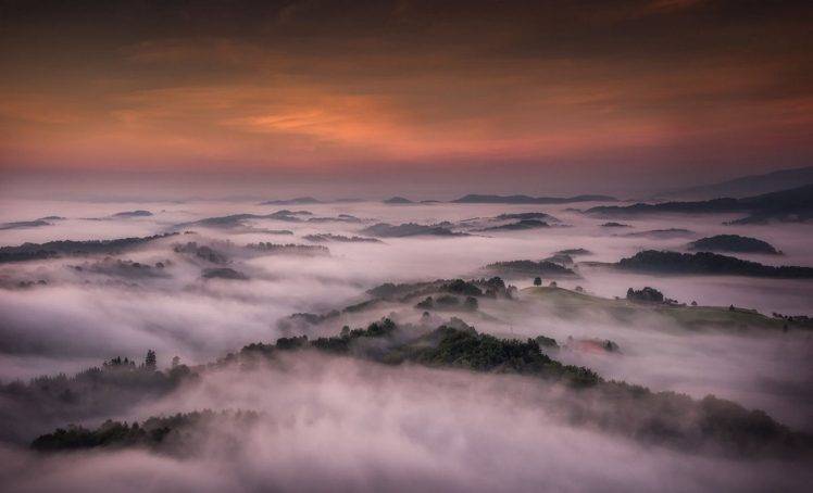 photography, Nature, Landscape, Mist, Valley, Sunrise, Hills, Forest, Sky, Slovenia HD Wallpaper Desktop Background