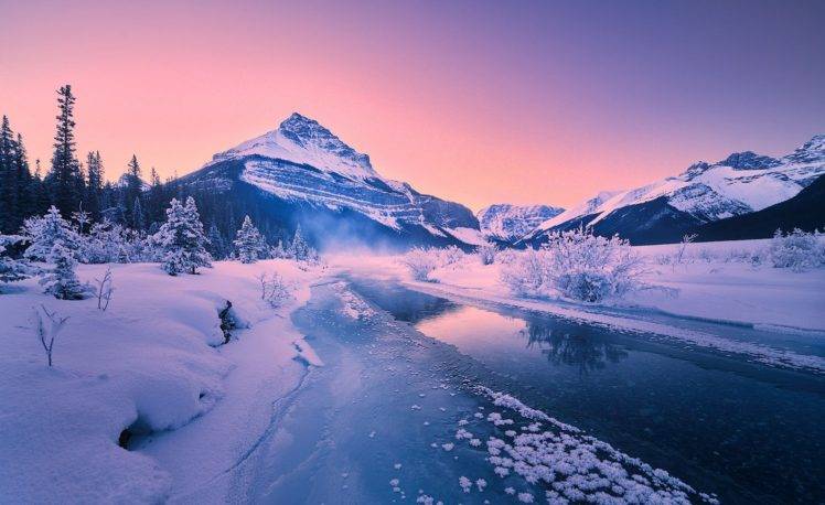 photography, Nature, Landscape, River, Snow, Winter, Sunrise, Cold, Mountains, Snowy peak, Pine trees, Frost, Banff National Park, Canada HD Wallpaper Desktop Background