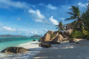 photography, Nature, Landscape, Beach, Sand, Palm trees, Rocks, Tropical, Island, Sea, Morning, Shadow, Summer, Seychelles