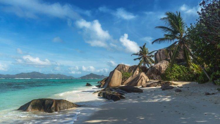 photography, Nature, Landscape, Beach, Sand, Palm trees, Rocks, Tropical, Island, Sea, Morning, Shadow, Summer, Seychelles HD Wallpaper Desktop Background