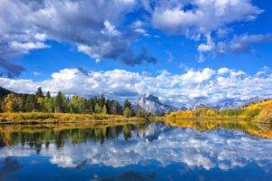 photography, Nature, Landscape, River, Mountains, Forest, Fall, Morning, Clouds, Reflection, Grand Teton National Park, Wyoming