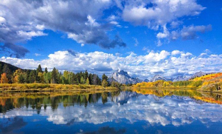 photography, Nature, Landscape, River, Mountains, Forest, Fall, Morning, Clouds, Reflection, Grand Teton National Park, Wyoming HD Wallpaper Desktop Background