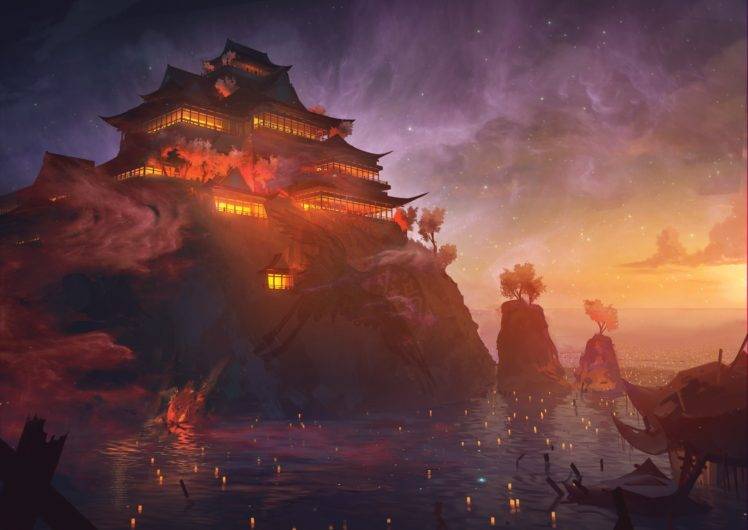 fantasy art, Stars, Sea, Sunset, Lights, Trees HD Wallpaper Desktop Background