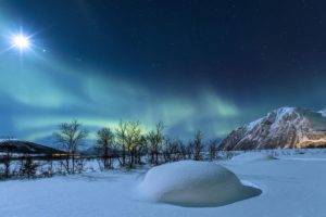 nature, Landscape, Norway, Mountains, Night, Winter, Snow, Moon, Moonlight, Trees, Stars, Hills, Long exposure, Aurorae