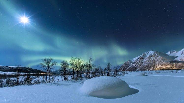 nature, Landscape, Norway, Mountains, Night, Winter, Snow, Moon, Moonlight, Trees, Stars, Hills, Long exposure, Aurorae HD Wallpaper Desktop Background