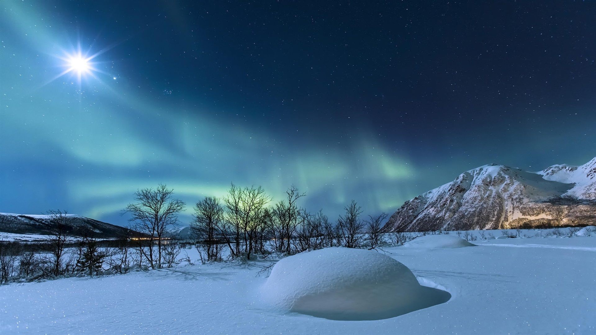 nature, Landscape, Norway, Mountains, Night, Winter, Snow, Moon, Moonlight, Trees, Stars, Hills, Long exposure, Aurorae Wallpaper