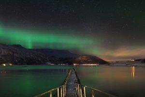 nature, Landscape, Norway, Mountains, Aurora  borealis, Aurorae, Night, Lake, Pier, Winter, Snow, Lights, Stars, Reflection