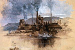 Joseph Pennell, Architecture, Building, Painting, Artwork, Factories, Chimneys, Smoke, Mountains, Clouds, Water, Hills, Reflection