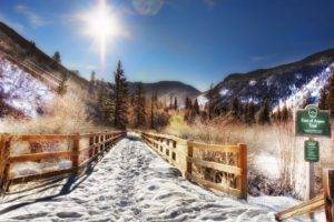 forest, Trees, Sunlight, Snow, Mountains, Fence, Colorado