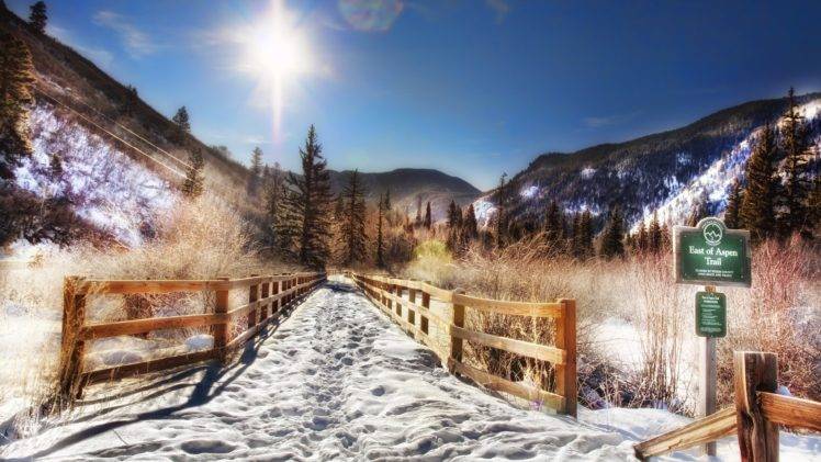 forest, Trees, Sunlight, Snow, Mountains, Fence, Colorado HD Wallpaper Desktop Background