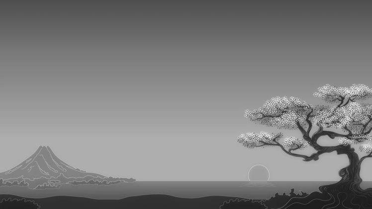 Japanese, Digital art, Minimalism, Simple background, Trees, Nature, Landscape, Mountians, Horizon, Sun, Monochrome, Mount Fuji HD Wallpaper Desktop Background