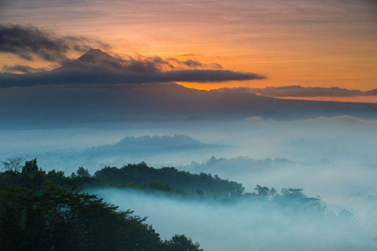 landscape, Photography, Nature, Sunrise, Volcano, Mist, Mountains, Hills, Valley, Clouds, Indonesia HD Wallpaper Desktop Background