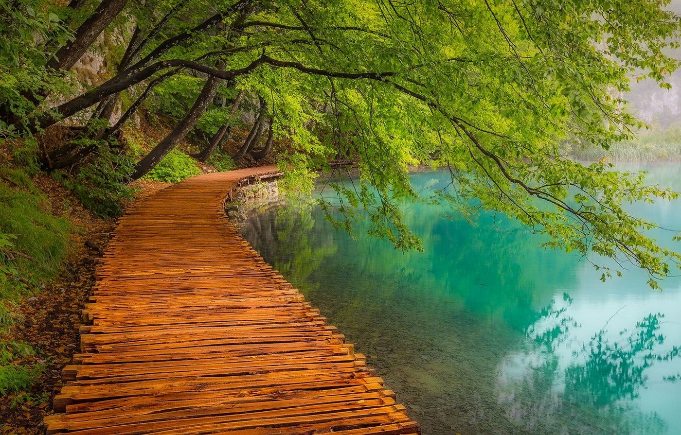 landscape, Photography, Nature, Walkway, Lake, Trees, Path, Turquoise, Water, Plitvice National Park, Croatia Wallpaper