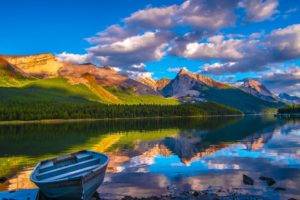 landscape, Photography, Nature, Summer, Lake, Morning, Reflection, Calm waters, Boat, Mountains, Forest, Sunlight, Clouds