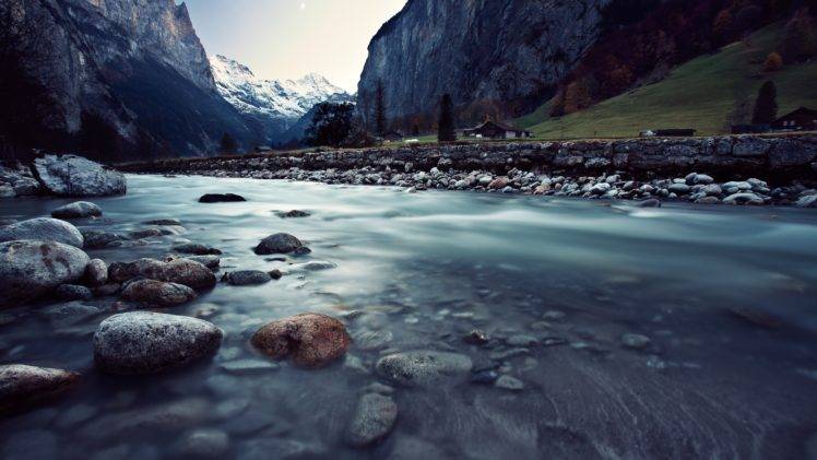 nature, Water, Mountains, House, Snowy peak, River, Rocks HD Wallpaper Desktop Background