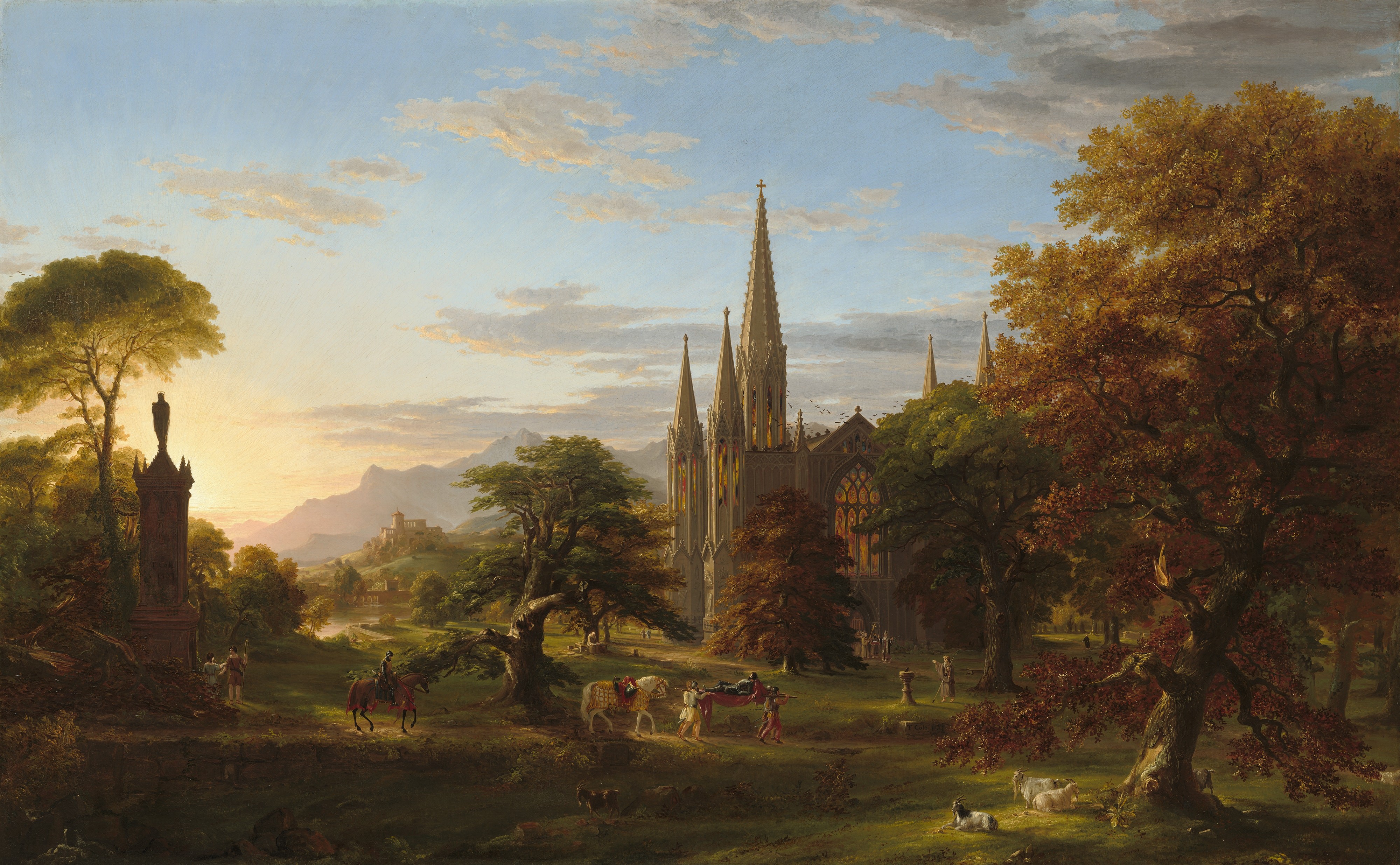 Thomas Cole, Knight, Nature, Landscape, Painting, Artwork, Trees, Forest, Clouds, Cathedral, Horse, Tower Wallpaper
