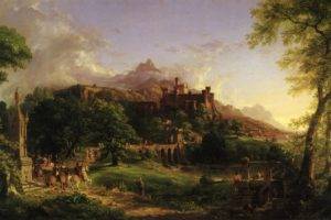 Thomas Cole, Knight, Nature, Landscape, Painting, Artwork, Trees, Forest, Clouds, Castle, Mountians, Tower, Flag, Horse
