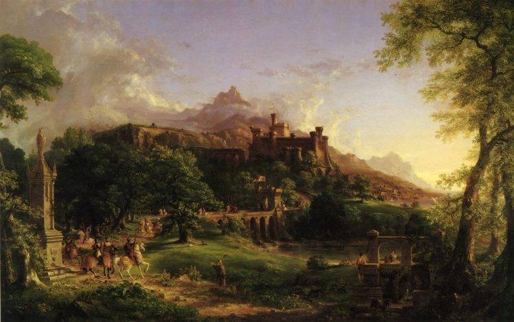 Thomas Cole, Knight, Nature, Landscape, Painting, Artwork, Trees, Forest, Clouds, Castle, Mountians, Tower, Flag, Horse HD Wallpaper Desktop Background