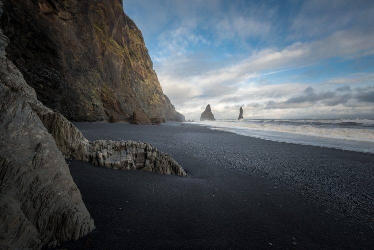 beach, Black sand, Cliff, Nature, Sea, Coast HD Wallpaper Desktop Background