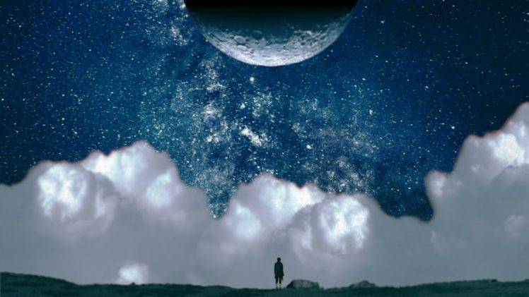 sky, Blue, Clouds, Moon, Alone, Artwork, Hei HD Wallpaper Desktop Background