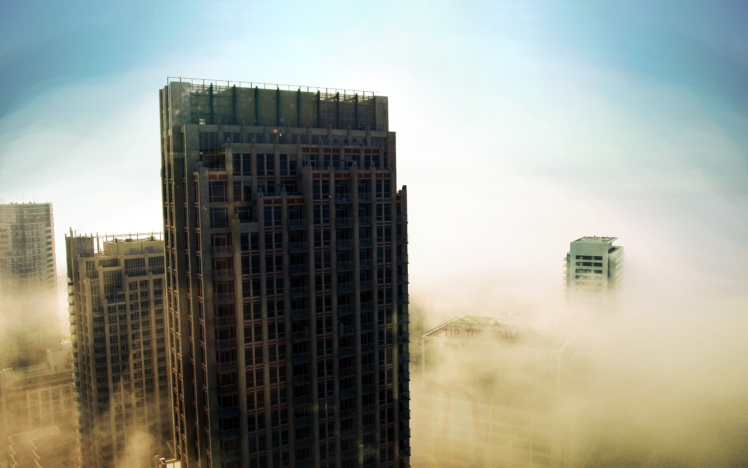 building, City, Mist, Clouds, Sky, Sun HD Wallpaper Desktop Background