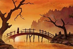 fantasy art, Sunset, River, Samurai, Dead trees, Bridge, Birds, Forest