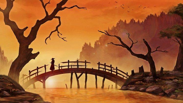 fantasy art, Sunset, River, Samurai, Dead trees, Bridge, Birds, Forest HD Wallpaper Desktop Background