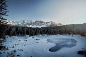 winter, Lake, Forest, Mountains