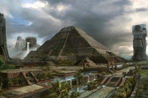 digital art, Fantasy art, Maya (civilization), Pyramid, Tower, Palm trees, Clouds, Waterfall, DeviantArt, Artwork