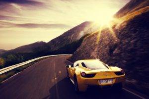 car, Sunset, Ferrari, Yellow cars, Road