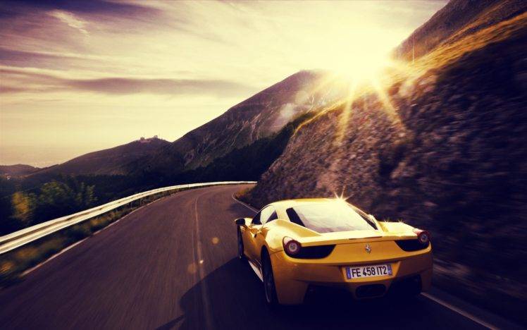 car, Sunset, Ferrari, Yellow cars, Road HD Wallpaper Desktop Background