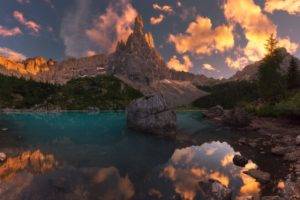 photography, Nature, Landscape, Summer, Sunset, Lake, Reflection, Calm waters, Mountains, Trees, Sunlight, Alps, Italy