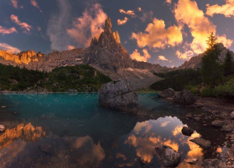 photography, Nature, Landscape, Summer, Sunset, Lake, Reflection, Calm waters, Mountains, Trees, Sunlight, Alps, Italy HD Wallpaper Desktop Background