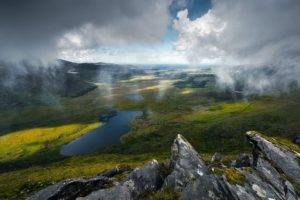 photography, Nature, Landscape, Mist, Grass, Lagoon, Green, Hills, Clouds, Ireland