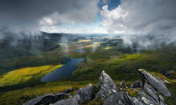 photography, Nature, Landscape, Mist, Grass, Lagoon, Green, Hills, Clouds, Ireland HD Wallpaper Desktop Background