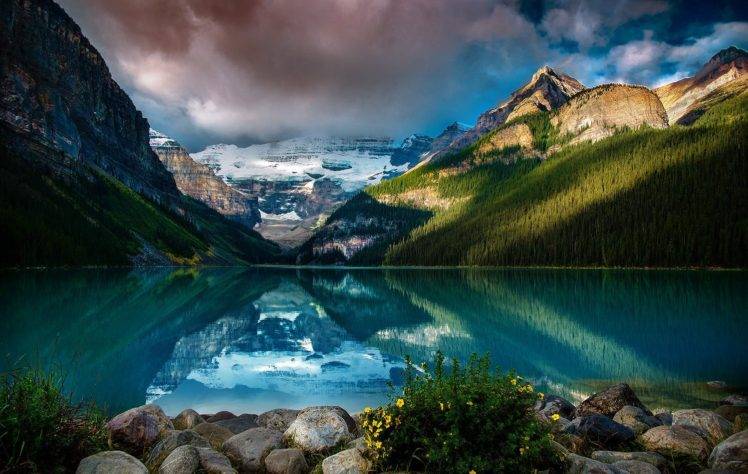 photography, Nature, Landscape, Lake, Mountains, Forest, Reflection, Calm waters, Snow, Clouds, Wildflowers, Lake Louise, Alberta, Canada HD Wallpaper Desktop Background