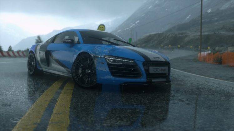 Audi R8, Screen shot, Road, Reflection, Forza Motorsport 5, Sports car, Mountains, Scratches HD Wallpaper Desktop Background