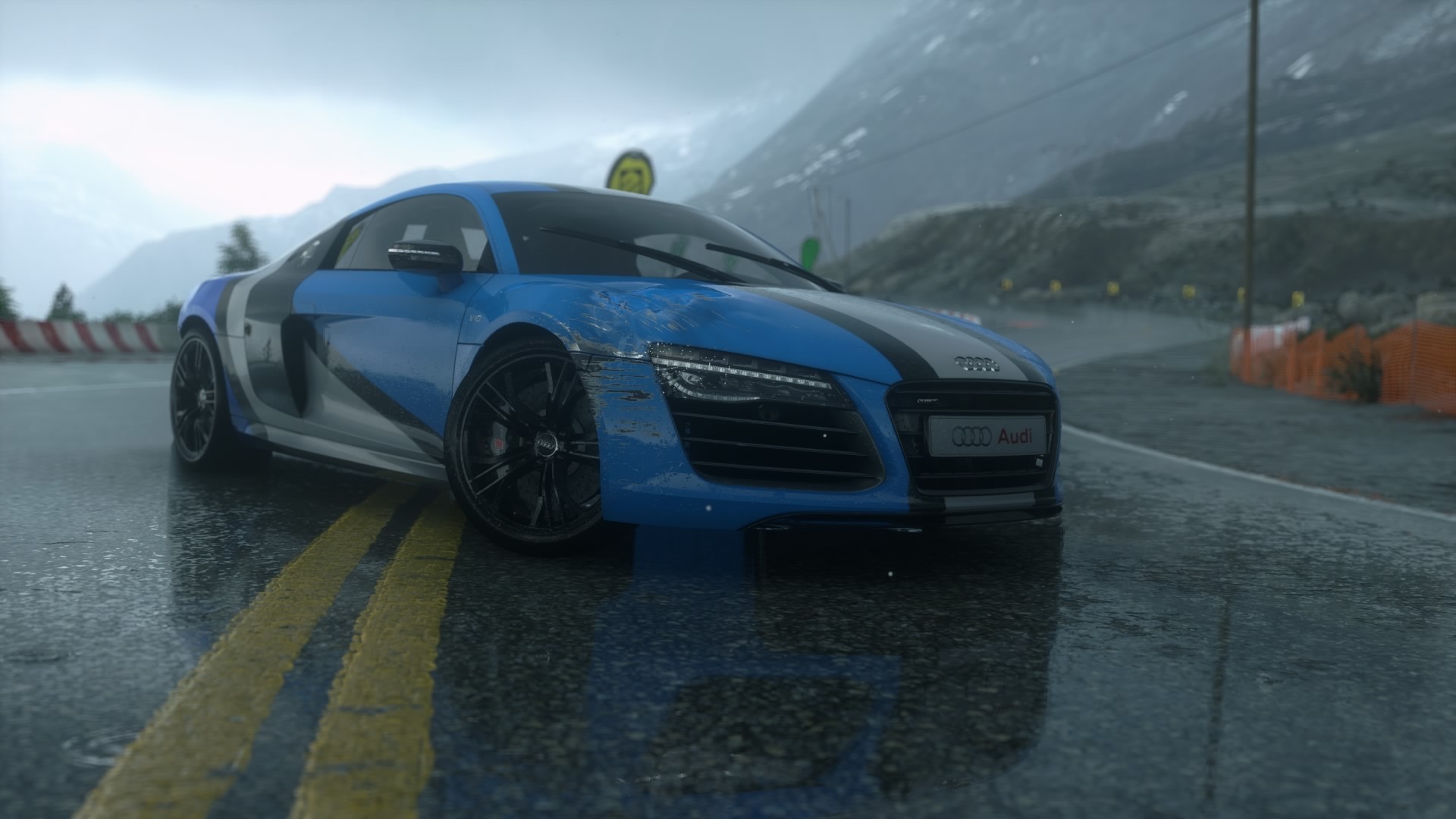 Audi R8, Screen shot, Road, Reflection, Forza Motorsport 5, Sports car, Mountains, Scratches Wallpaper