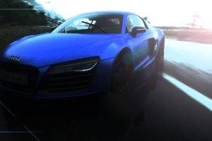 Audi R8, Blue, Sunlight, Road, Drift, Motion blur, Screen shot, Forza Motorsport 5, Sports car, Reflection, Drifting