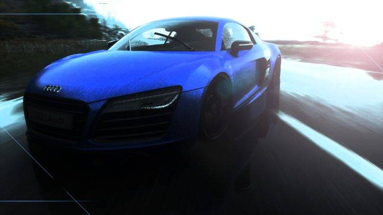 Audi R8, Blue, Sunlight, Road, Drift, Motion blur, Screen shot, Forza Motorsport 5, Sports car, Reflection, Drifting HD Wallpaper Desktop Background