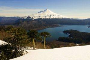 photography, Nature, Landscape, Snowy peak, Volcano, Mountains, Lake, Forest, Snow, Chile
