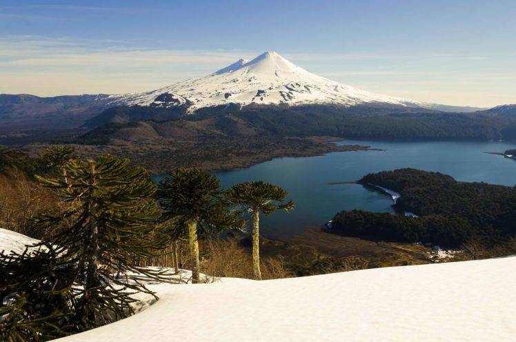 photography, Nature, Landscape, Snowy peak, Volcano, Mountains, Lake, Forest, Snow, Chile HD Wallpaper Desktop Background