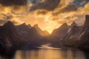 photography, Nature, Landscape, Sunset, Mountains, Clouds, Fjord, Snow, Sky, Boat, Sunlight, Norway, PGMC