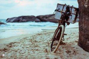 bicycle, Rocks, Beach, Sea