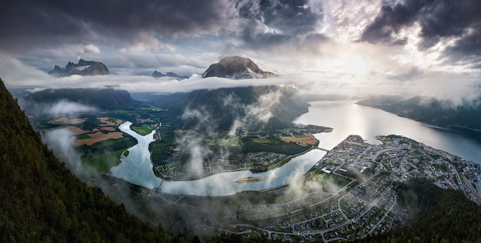 photography, Landscape, Nature, City, Cityscape, Sunset, Panorama, Mountains, Fjord, Clouds, Summer, Norway Wallpaper