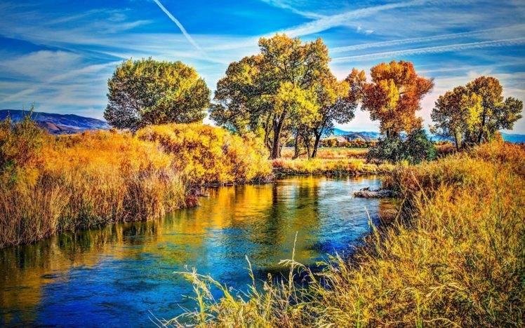 photography, Landscape, Nature, River, Trees, Shrubs, Hills, Clouds, Fall, HDR HD Wallpaper Desktop Background