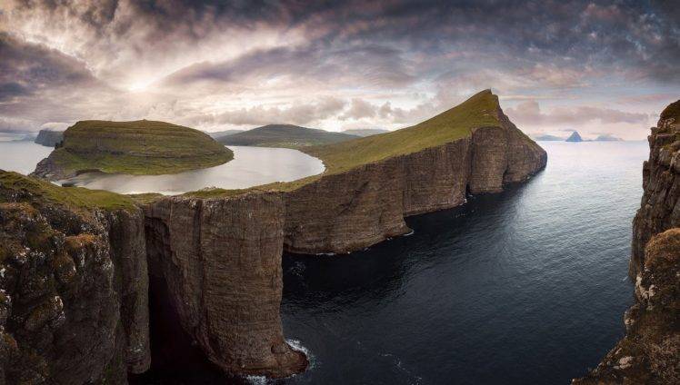 nature, Photography, Landscape, Cliff, Sea, Mountains, Island, Clouds, Sunset, Faroe Islands HD Wallpaper Desktop Background